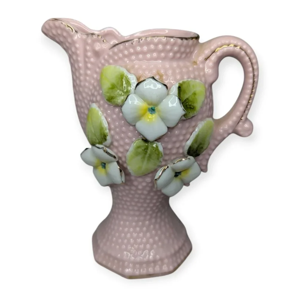 Vintage Pink Ceramic Porcelain Hobnail Mojae China Pitcher Bud Vases 5